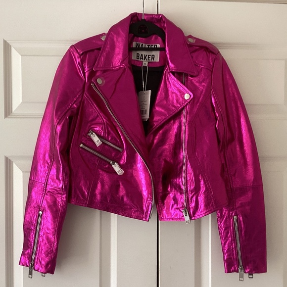 WALTER BAKER 💕🔥Genuine Leather Jenny Jacket in Fuchsia Metallic Crop Moto Fit - Picture 12 of 16
